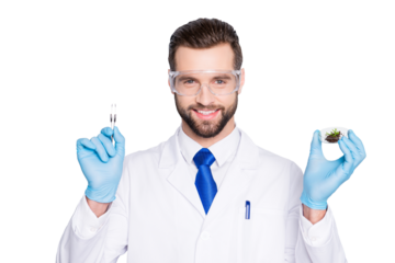 Portrait of attractive biologist in white outfit with tie, showing having forceps and vial with field and small plant, going to make expertising, inspection, isolated on grey background