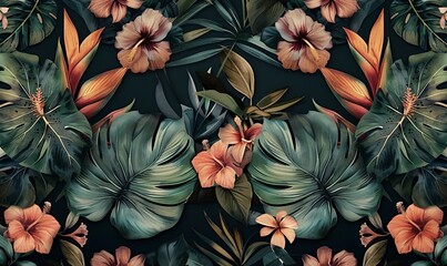 Tropical seamless pattern with exotic leaves, strelitzia flowers, hibiscus and plumeria. Vintage texture, floral background. Dark watercolor 3d illustration. Luxury wallpapers, tapestry, Generative AI