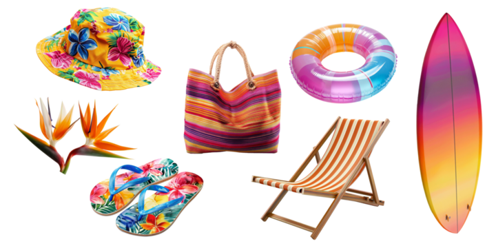 Set of Summer accessories elements for holiday vacation isolated on background, Beach items for swimming and relax, beach ball, seashell, hat and other.