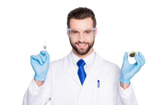 Portrait of attractive biologist in white outfit with tie, showing having forceps and vial with field and small plant, going to make expertising, inspection, isolated on grey background