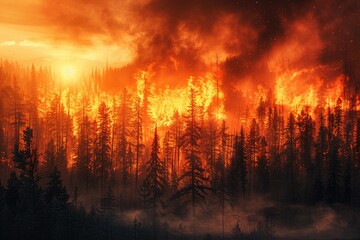 Fototapeta premium A majestic forest engulfed in flames, portraying the devastating impact of wildfires exacerbated by global warming.