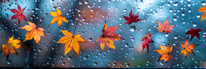 A beautiful autumn leaves falling on a window