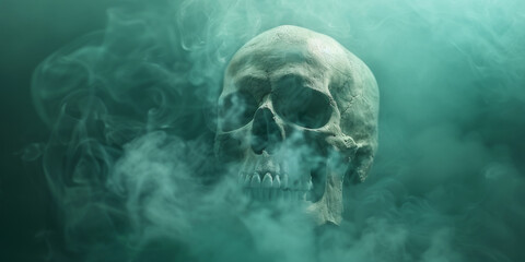 A skull is shown in a foggy, smokey environment - obrazy, fototapety, plakaty