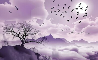 3d mural wallpaper. mountain white birds in sky with black tree in clouds.light purple background.visually expand the space in a small room,more light and become an accent in the interior,GenerativeAI