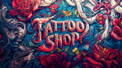le texte TATTOO SHOP tatoué sur de la peau avec des fleurs autour - en couleurs	
