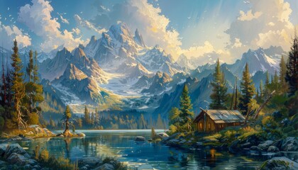 A beautiful painting of a mountain landscape with a lake in the foreground and a cabin on the shore. The mountains are covered in snow and the trees are green. The water is calm and clear. The sky is - obrazy, fototapety, plakaty