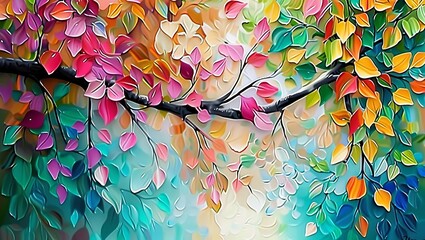 elegant colorful tree with vibrant leaves hanging branches bright color 3d abstraction wallpaper for interior mural painting wall, Generative AI