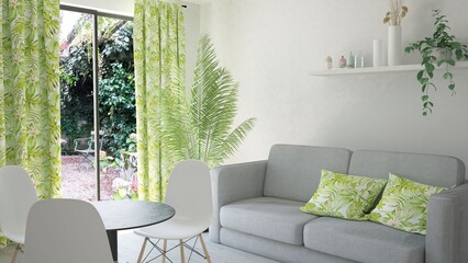 Jasne nowoczesne minimalistyczne wnętrze pokoju salonu z sofą poduszkami i zasłonami z oknem tarasowym z ogrodem