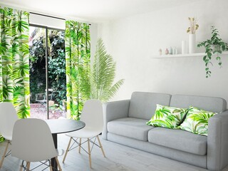 Jasne nowoczesne minimalistyczne wnętrze pokoju salonu z sofą poduszkami i zasłonami z oknem...