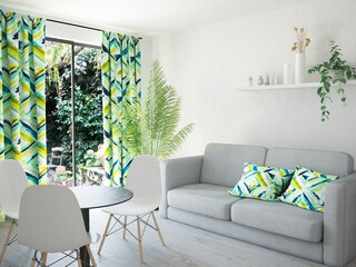 Jasne nowoczesne minimalistyczne wnętrze pokoju salonu z sofą poduszkami i zasłonami z oknem tarasowym z ogrodem