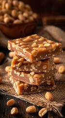 Close-up of a stack of peanut butter bars topped with caramel and peanuts on a wooden table