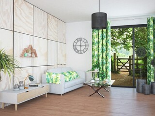 Nowoczesne  minimalistyczne wnętrze aranżacja salonu pokoju dziennego z oknami tarasowymi i zasłonami