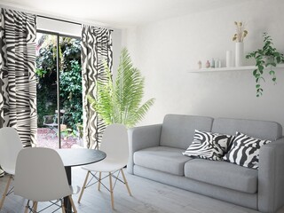 Jasne nowoczesne minimalistyczne wnętrze pokoju salonu z sofą poduszkami i zasłonami we wzór zebry z oknem tarasowym z ogrodem
