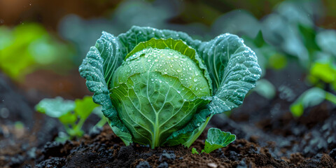 A green cabbage is sitting in the dirt