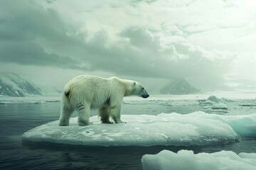 A lone polar bear standing on a rapidly melting ice floe, showcasing the stark reality of habitat loss due to climate change. - Powered by Adobe