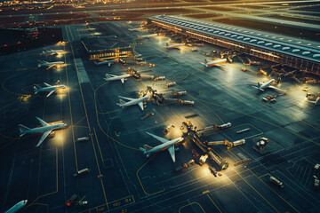 Aerial View of a 3D Commercial Airport Render with Airplanes, Passenger Terminals, Runway and Service Machinery. Top Down View of Modern VFX Aircrafts Moving in International Port in the Evening.
