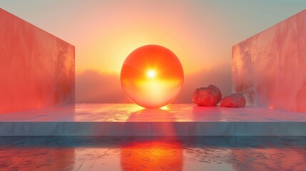 crystal ball, gradient frosted round orange glass, simple background, studio orange light, close...