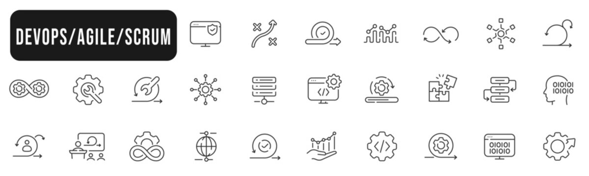 Set of devops, agile, scrum line icons. Plan, process, monitor, coding, programming etc. Editable stroke