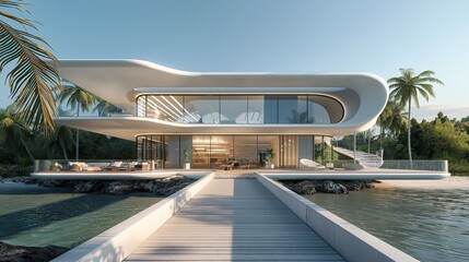 A Frontal View Of A Contemporary Coastal Villa With Boardwalks.