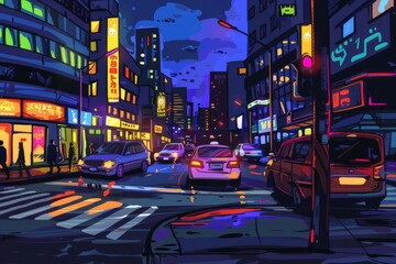 Cartoon cute doodles of a lively street corner at night, with pedestrians crossing the road, cars passing by, and neon signs glowing in the darkness, Generative AI