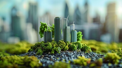 An intricate miniature city featuring sustainable, green energy-focused buildings with a futuristic touch