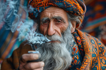 Fototapeta premium A close-up photo of an elderly man with a weathered face smoking a pipe in ethnic attire