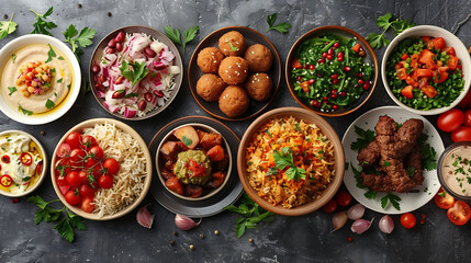Middle eastern or arabic dishes and assorted meze on concrete rustic background, Meat kebab, falafel, baba ghanoush, hummus, sambusak, rice, tahini, kibbeh, pita, Halal food, Space for text, Top view