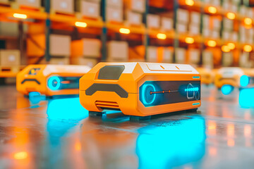 Future Technology 3D Concept: Automated Retail Warehouse AGV Robots with Infographics Delivering Cardboard Boxes in Distribution Logistics Center.