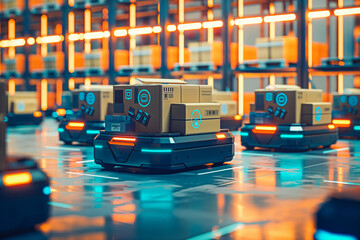 Future Technology 3D Concept: Automated Retail Warehouse AGV Robots with Infographics Delivering Cardboard Boxes in Distribution Logistics Center.