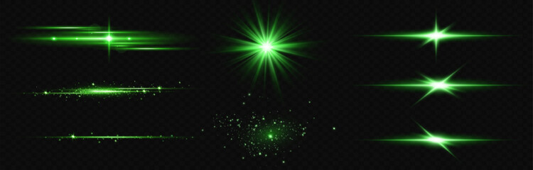 Vector illustration in green color. Set of lighting effects. Glare and flashes. Bright rays of light. Glowing lines. Vector illustration. Dust.Neon