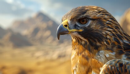 Naklejka premium A close up of a hawk's face with a mountain backdrop