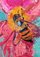 Realismo su astratto. Dipinto originale ad olio su tela di un'ape che impollina un fiore rosa con colori accesi e vibranti con colature di colore acrilico e texture di pennellate corpose in stile - obrazy, fototapety, plakaty