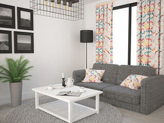 Przytulne jasne wnętrze pokoju salonu z sofą z poduszkami i zasłonami na oknie tarasowym