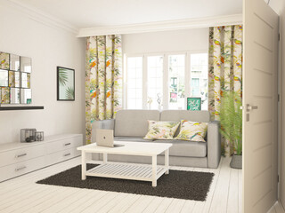 Przytulne jasne wnętrze pokoju salonu z sofą z poduszkami i zasłonami na oknie