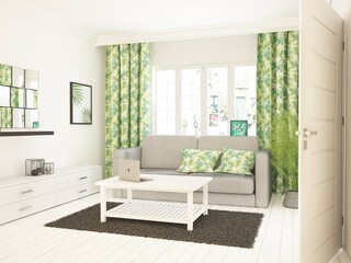 Przytulne jasne wnętrze pokoju salonu z sofą z poduszkami i zasłonami na oknie