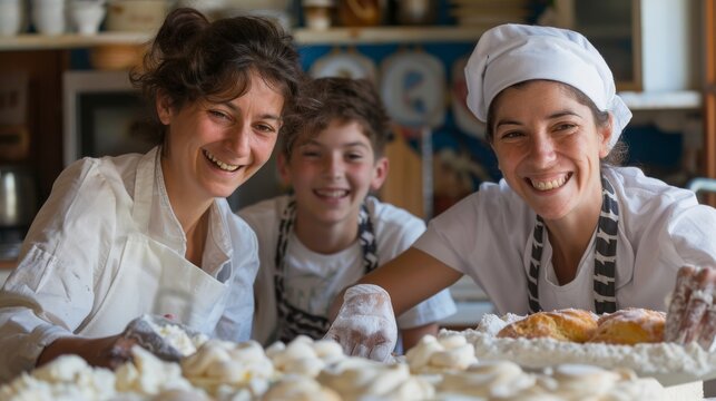 A heartwarming scene of a family baking together, showcasing two smiling women and a boy enjoying the process of making sweets