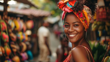 A woman wearing a colorful head scarf is smiling at the camera - obrazy, fototapety, plakaty