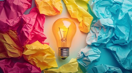 A light bulb is surrounded by colorful paper