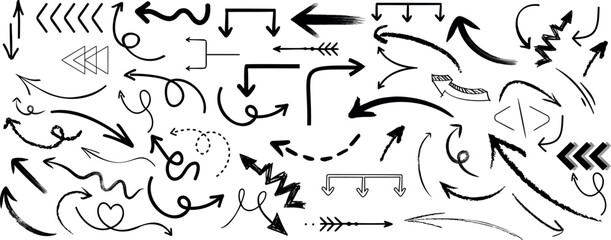  hand drawn Grunge arrow vector set. Black, sketchy, diverse shapes, directions for design, illustration. Straight, curly, circular arrows on white background
