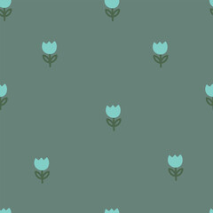 Small tulips on green background, seamless pattern. Vector