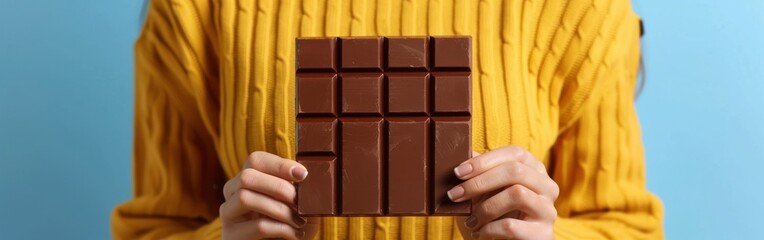 Obraz premium A close-up view of a happy young African American person holding a chocolate bar in their hands