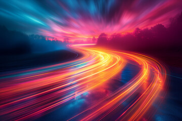 An abstract representation of light trails captured during nighttime photography, with streams of light creating a dynamic and colorful background