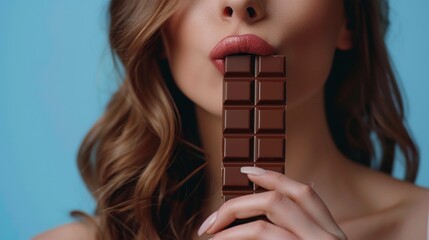 A close-up portrait of a beautiful young woman holding a bar of chocolate in front of her face