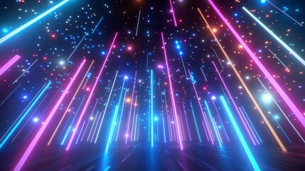 Obraz premium Vibrant neon lights in abstract pattern. An array of vivid neon lights converge in the center, creating a dynamic abstract display ideal for modern and energetic concepts