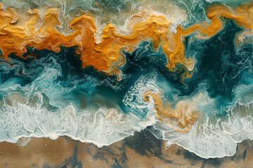 An aerial view of an ocean scene with abstract interpretations of waves and sandy shores, blending natural colors in a soothing pattern - obrazy, fototapety, plakaty