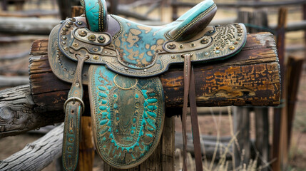 A worn leather saddle with intricate turquoise and gold details dd over a wooden fence post in the...