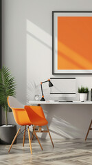 A burst of tangerine brightens a minimalist office setting, with a blank white frame on the wall serving as a blank canvas for imaginative endeavors.