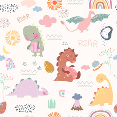 vector seamless pattern with cute dinosaurs funny textile design. Vector illustration.