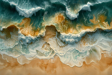 An aerial view of an ocean scene with abstract interpretations of waves and sandy shores, blending natural colors in a soothing pattern