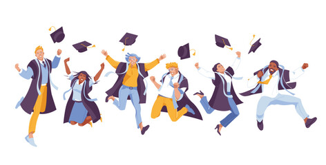 A group of graduate students jump together. Happiness. Diploma. Vector flat illustration